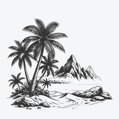 Scenic coastal landscape featuring mountains and palm trees in detailed woodcut style black and white vector illustration for travel and nature projects. © Chairul