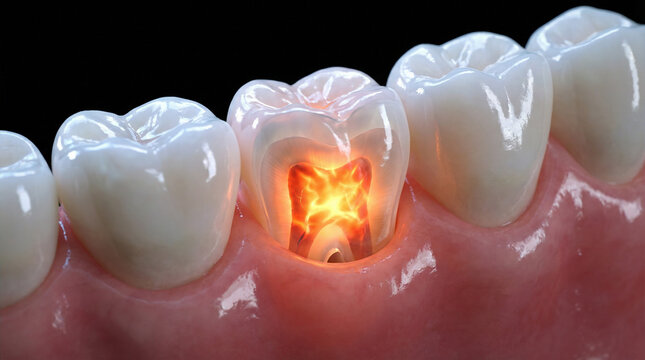 3D illustration of human teeth with a glowing inflamed pulp in the central molar, representing severe toothache, root canal infection, pulpitis, and dental pain concept