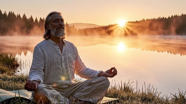 an Practicing Meditation Outdoors at Sunrise in Misty Nature, Peaceful Mindfulness and Yoga