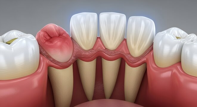 Close-up of inflamed, receding gums and unhealthy tooth with decay