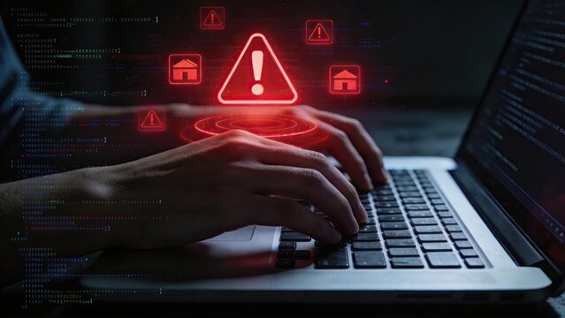 Cybersecurity alert digital warning system hacker attack concept data breach protection computer security online threat detection network defense IT risk management software