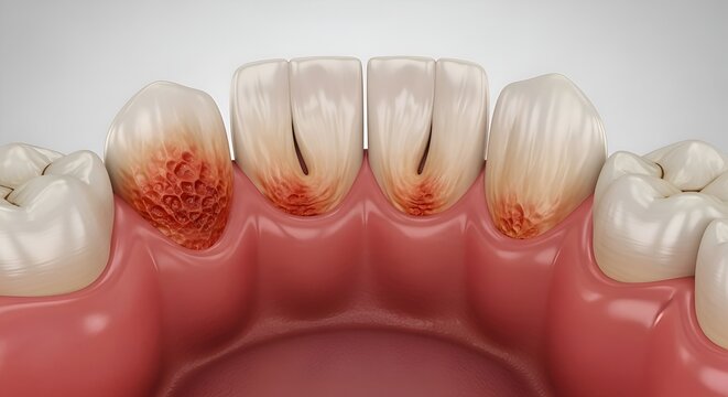 Close-up of unhealthy human teeth with gingivitis and enamel erosion
