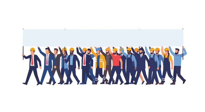 Flat 2D illustration of workers marching and holding a large blank banner in a labor protest concept with a group of people in various business casual outfits.