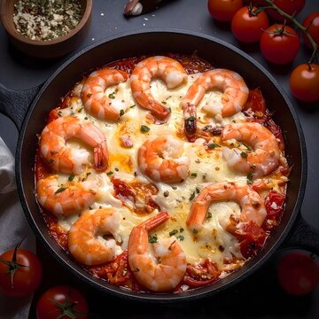 Ein dampfend hei&szlig;er Meeresfr&uuml;chteauflauf mit knuspriger Kruste, mit prallen, saftigen Garnelen &ndash; ein  authentisches westliches Gericht.