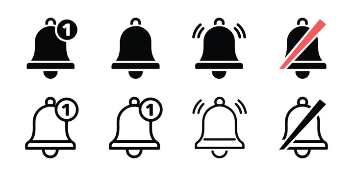 Group of notification bell icons in solid and outline styles with badges and mute symbols for alerts.
