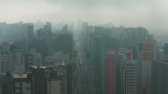 Foggy morning with busy and skyline in Curitiba, Brazil