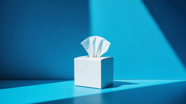 White tissue box on blue surface with spotlight  tissue box on blue background