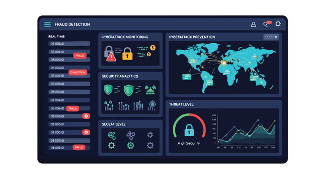 A flat 2D graphic depicting a cyber security dashboard with various data visualizations and icons on a dark blue background, conveying a sense of protect and financial transaction monitoring.