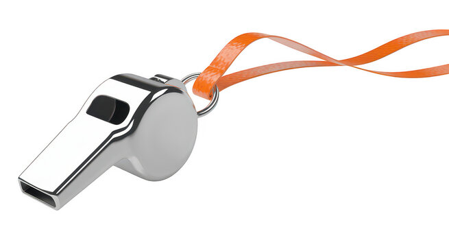 Close-up of silver whistle with orange lanyard isolated on a transparent background