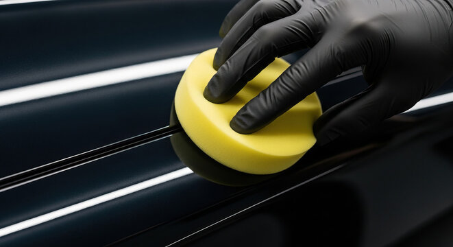 Close-up of a gloved hand using a yellow sponge to polish a black car surface with reflections and bright lighting in the background