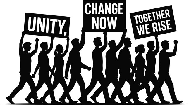 Black silhouette protest march with unity signs, change now banners, together we rise message, collective action solidarity movement illustration