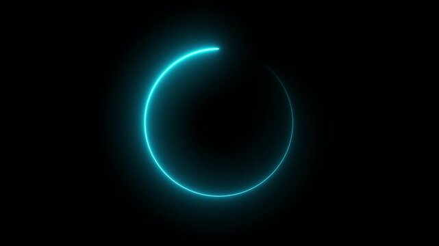 Turquoise neon glowing circle line spinning overlay loop on black chroma key alpha channel background