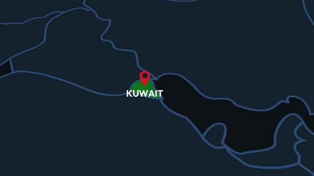Kuwait map with location pin highlighting territory in Middle East region on black background 4k animation
