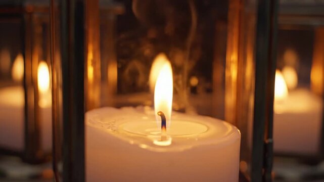 Glowing white candle flame inside glass lantern at night