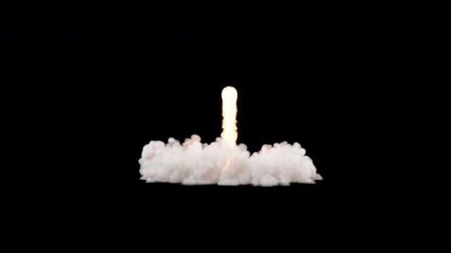 Rocket launch with exhaust plume and fire on alpha channel. 3d animation of a rocket launch. Powerful rocket liftoff isolated. Rocket takeoff with massive smoke cloud