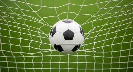 Fototapeta premium Soccer Ball Scoring Goal in Net on Green Field