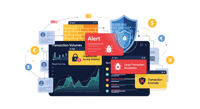Flat 2D illustration of a laptop with various financial and data security graphics floating around it, conveying a sense of cyber protection and business transaction safety.