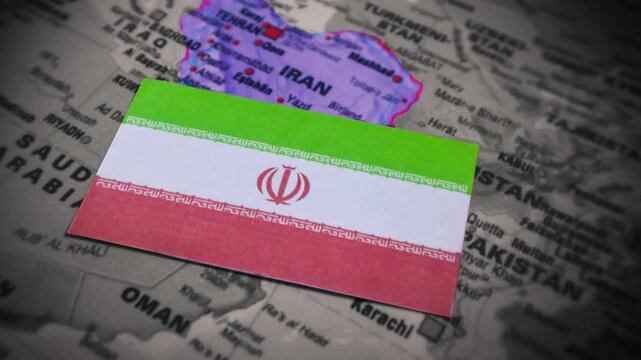 Iran flag on Middle East map highlighting Tehran location for geopolitical analysis educational animation 4k