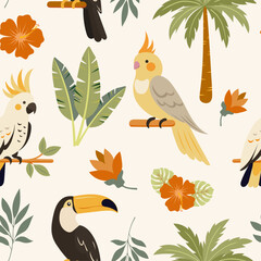 Naklejka premium Tropical seamless pattern with exotic birds, parrots and toucans on a beige background. Colorful jungle print with palm tree