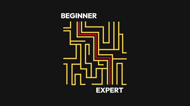 Maze journey from novice to expert featuring yellow and red paths on a black background motivational design, 4k animation