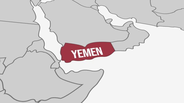 Map of Yemen in the Middle East with surrounding countries in gray for educational and geopolitical use, 4k animation