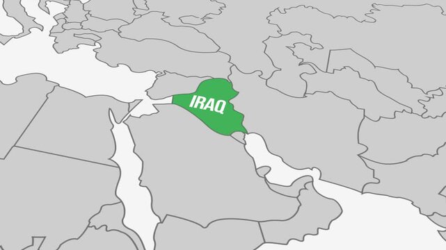 Political map of Iraq in the Middle East showing neighboring countries and borders in gray and green, 4k animation