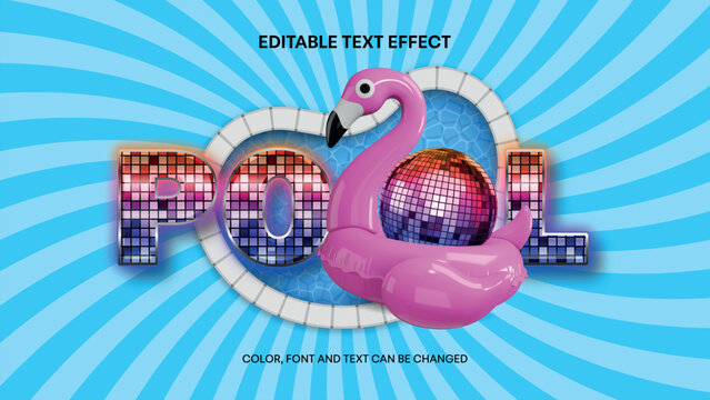 pool disco party text effect with colorful mirror ball in a flamingo swimming ring and swimming pool 