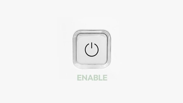 Power button icon on white background with enable text for tech concepts and startup ideas in modern design, 4k animation