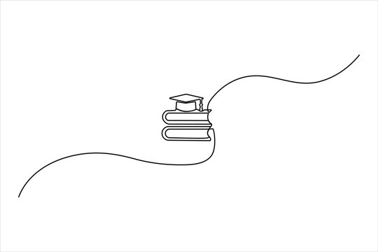 Minimalist continuous line drawing of a graduation cap sitting on a stack of books. Clean vector art for academic success and higher education.