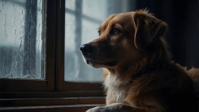 Golden retriever gazes longingly out a rain streaked window