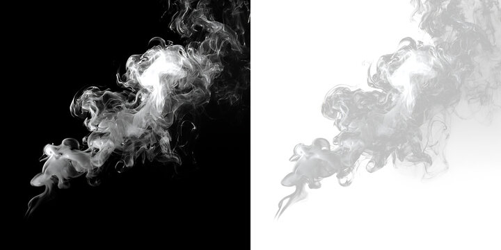 Smoke swirling on a transparent background creating shapes and patterns while flowing gently in an undefined space