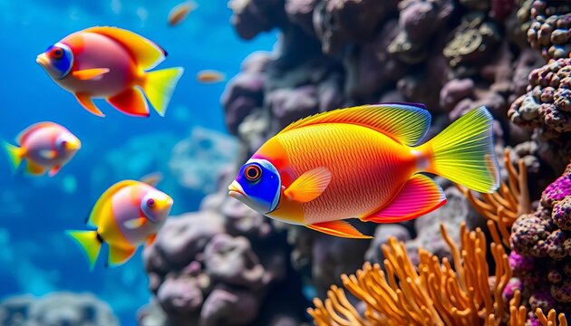 Vibrant tropical fish swimming in coral reef aquarium,   angelfish,  bright
