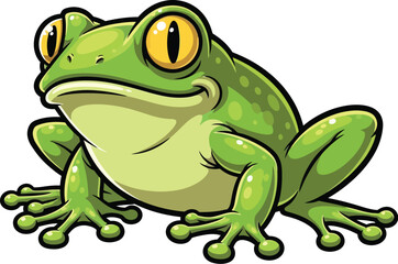 Obraz premium Vibrant stylized cartoon frog vector, an engaging green amphibian with expressive yellow eyes, ideal for whimsical designs, children's books, or educational graphics