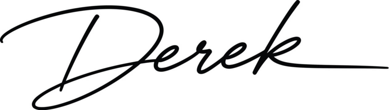 A signature with the name Derek written in black cursive font on a white background