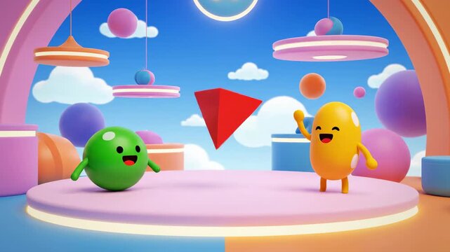 Cheerful animated characters on colorful stage presentation background for kids educational videos and cartoon introductions