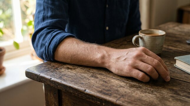 A man's hand rests on a wooden table next to a coffee cup indoors.