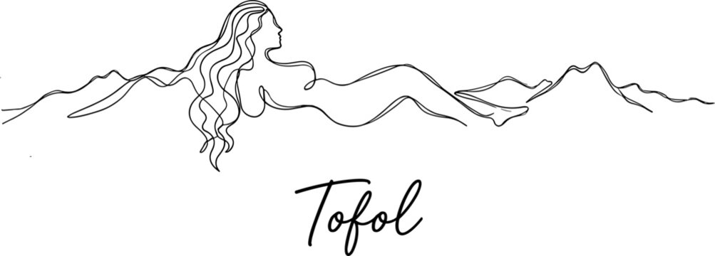 Minimalist woman silhouette merged with mountain landscape single line art vector