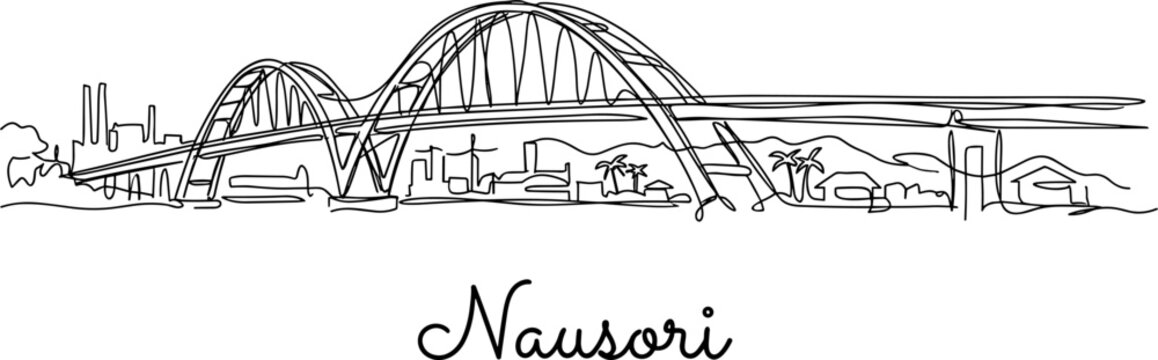 Nausori Fiji skyline with Rewa Bridge in minimalist continuous line art vector illustration