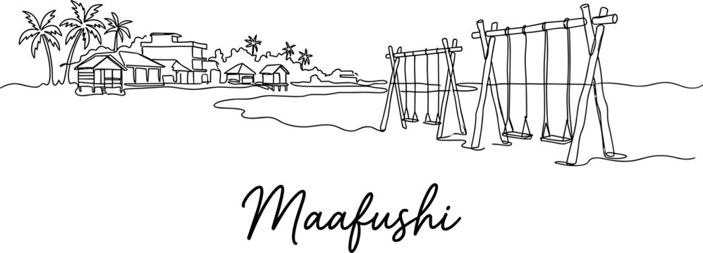 One line art drawing of Maafushi beach resort with swings and palm trees vector illustration