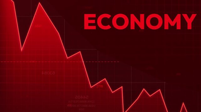 Red economic text on dark grid background with numbers and dashed line showing financial data trends, 4k animation