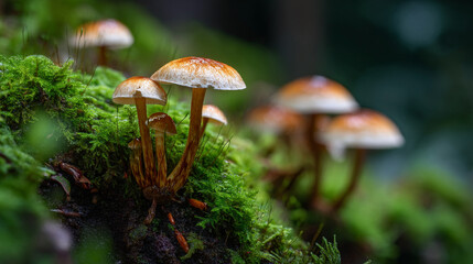 Fototapeta premium A cluster of small brown mushrooms emerges from verdant green moss
