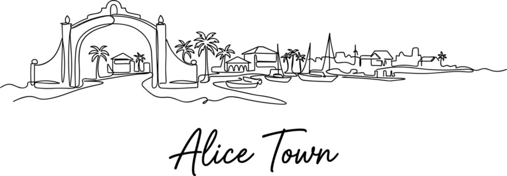 Alice Town Bimini Bahamas skyline coastal landscape with archway and sailboats continuous line drawing vector illustration