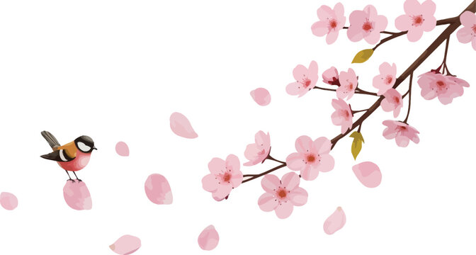 A small bird perches on a pink flower petal amidst falling blossoms from a cherry tree branch