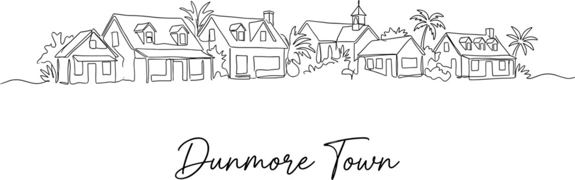 Dunmore Town Bahamas skyline featuring tropical houses and palm trees continuous line art vector illustration