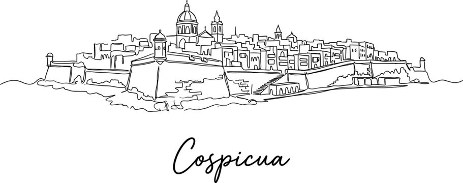 Cospicua Malta city skyline and fortifications continuous line art vector illustration