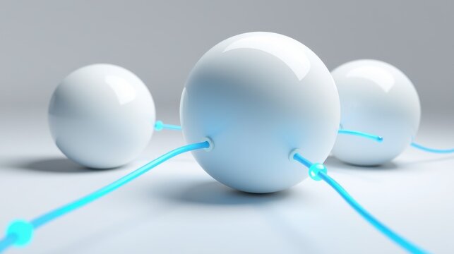 White spheres connected by bright blue lines. Minimalist composition, smooth surfaces, soft lighting, reflective material, modern design.