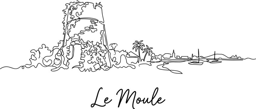 Le Moule Guadeloupe skyline featuring historic tower ruin continuous line drawing vector