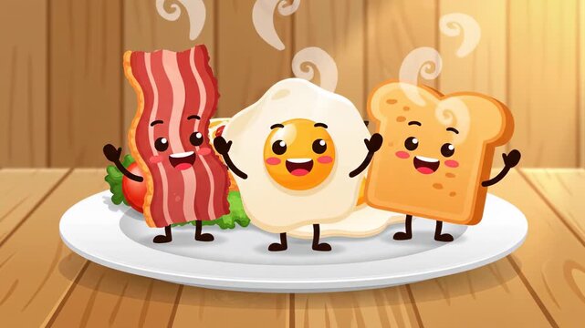 Cheerful cartoon breakfast animation featuring smiling bacon egg and toast characters on plate with wooden background