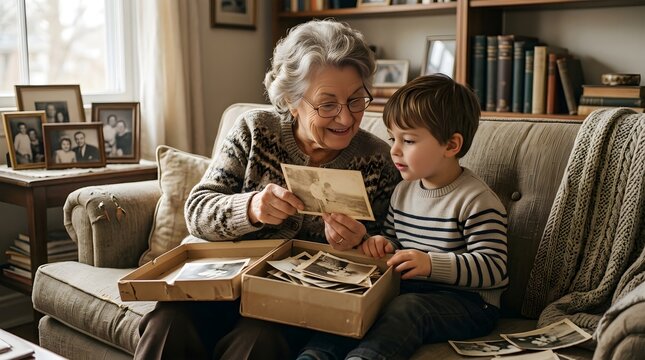Elderly grandmother and young grandson looking at vintage family photos, nostalgic grandmother sharing memories with child, senior woman and boy on sofa