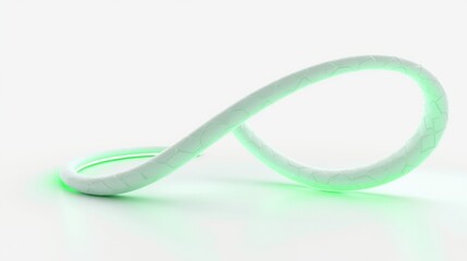 Naklejka premium White looped form with bright green illumination. Smooth texture, minimalist design, elegant presentation. Symbol represents infinity, continuous flow.